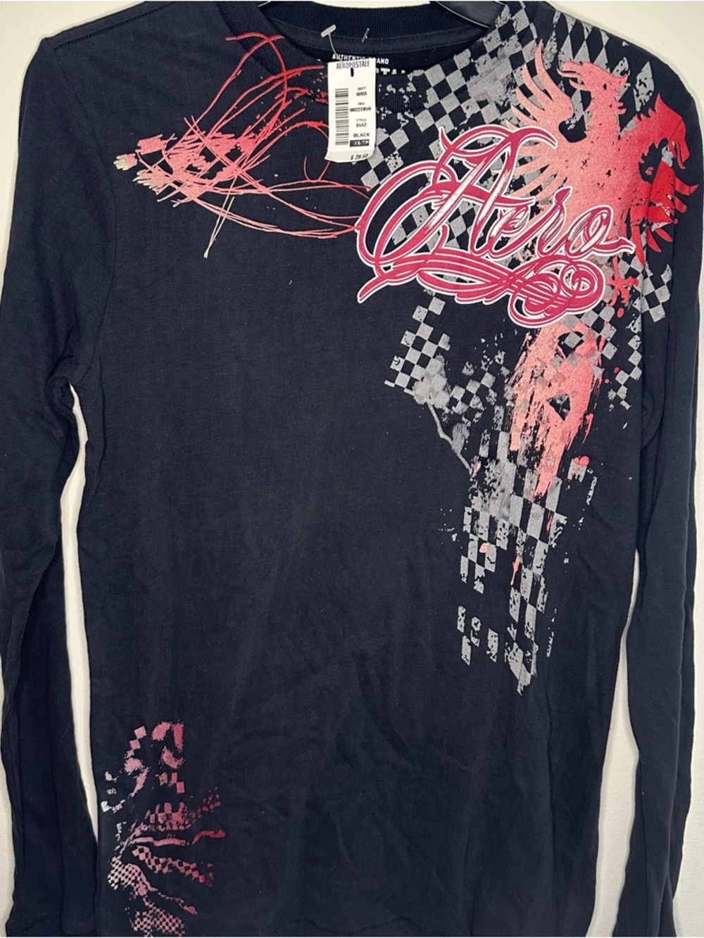 Y2K Aeropostale Mens XS Black Long Sleeve TShirt Checked Tattoo Graphic Punk NEW